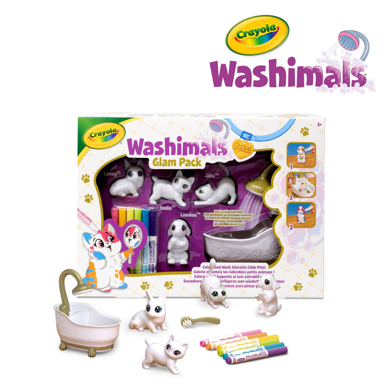 Figurki do malowania i mycia - zestaw zwierzątka 4 szt, flamastry zmywalne 6 szt., szczoteczka, wanna Washimals Kotki Glam 3+ Crayola