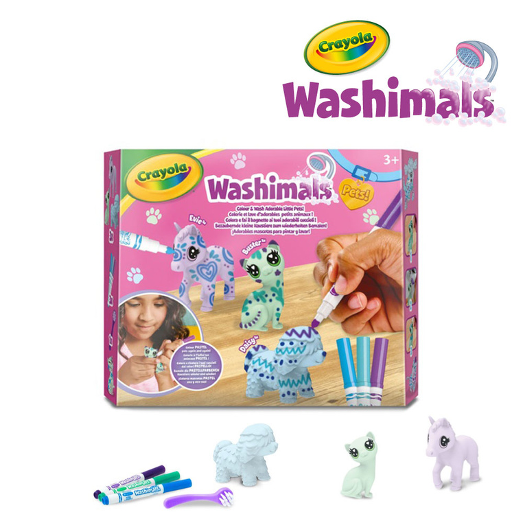 Figurki do malowania i mycia - zestaw zwierzątka 3 szt., flamastry zmywalne 3 szt., szczoteczka Washimals Pastel Pets 3+ Crayola