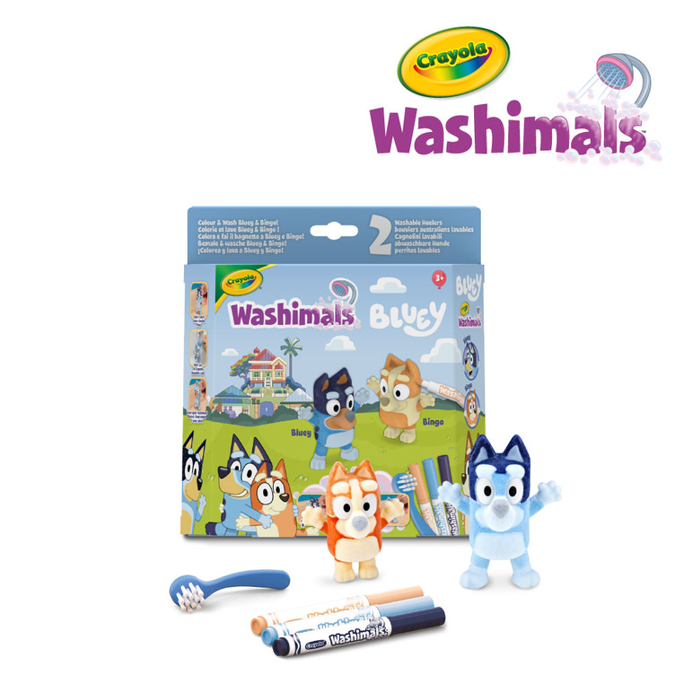 Figurki do malowania i mycia - zestaw zwierzątka 2 szt., flamastry zmywalne 3 szt., szczoteczka Washimals Bluey 3+ Crayola