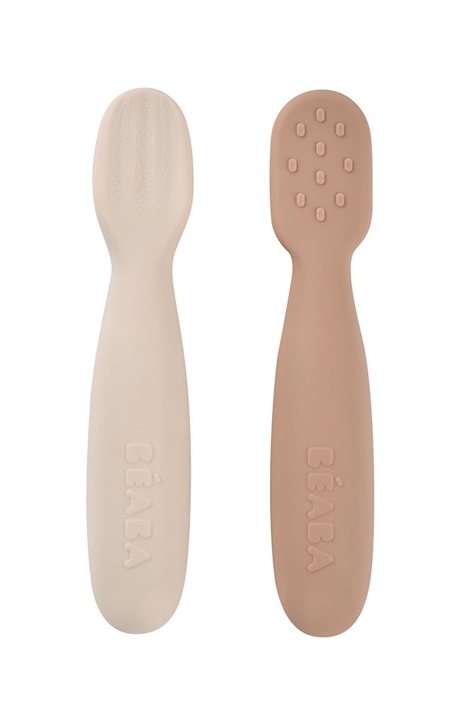 Zestaw 2 silikonowych pierwszych łyżeczek-gryzaków Praline/clay Beaba